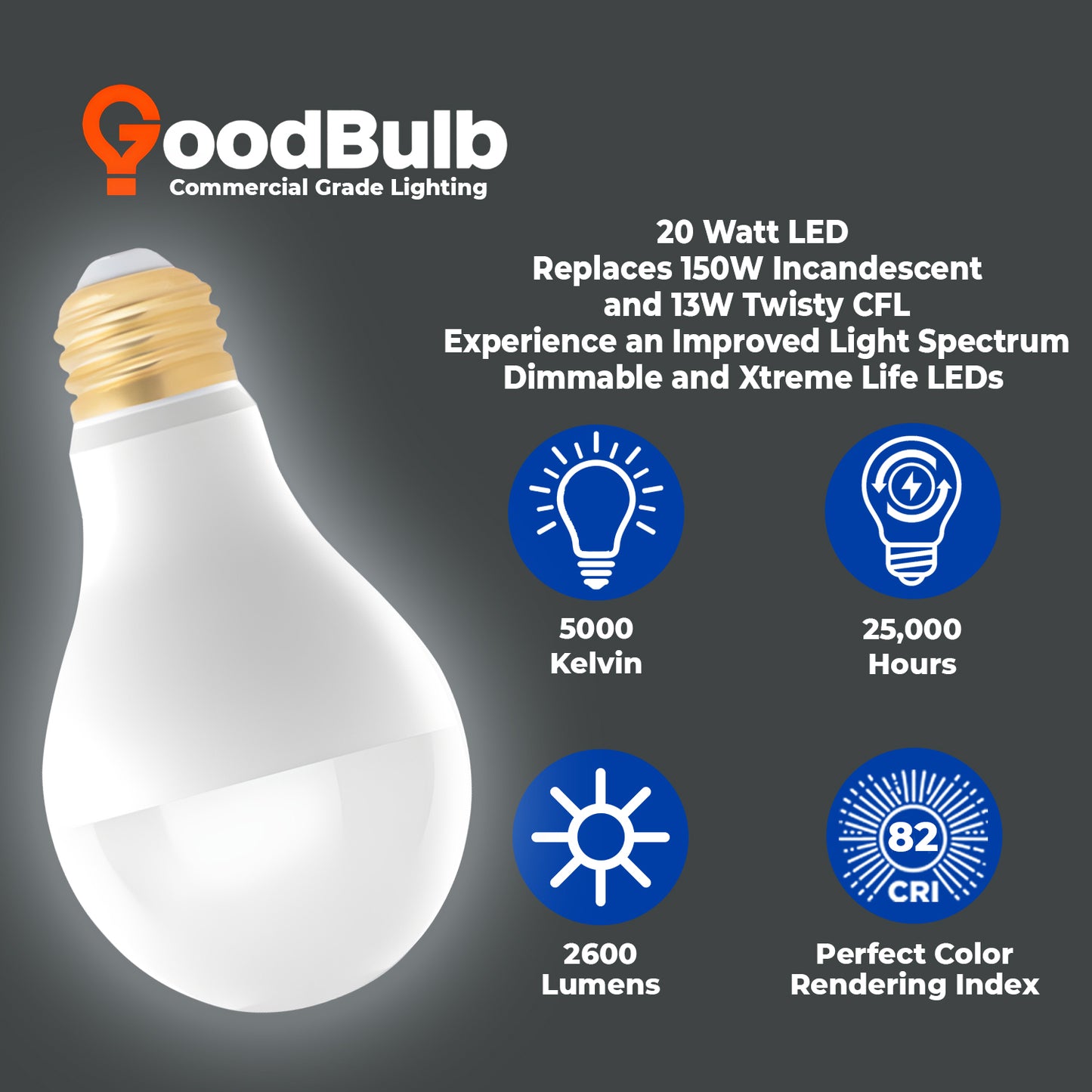 150 WATT UPGRADE - 20 WATT DIMMABLE A Shape - ROUGH SERVICE LEDS - PLATINUM PURE WHITE LIGHT - 2600 LUMENS - 5000 KELVIN - 25,000 HOURS & 5 YEAR WARRANTY