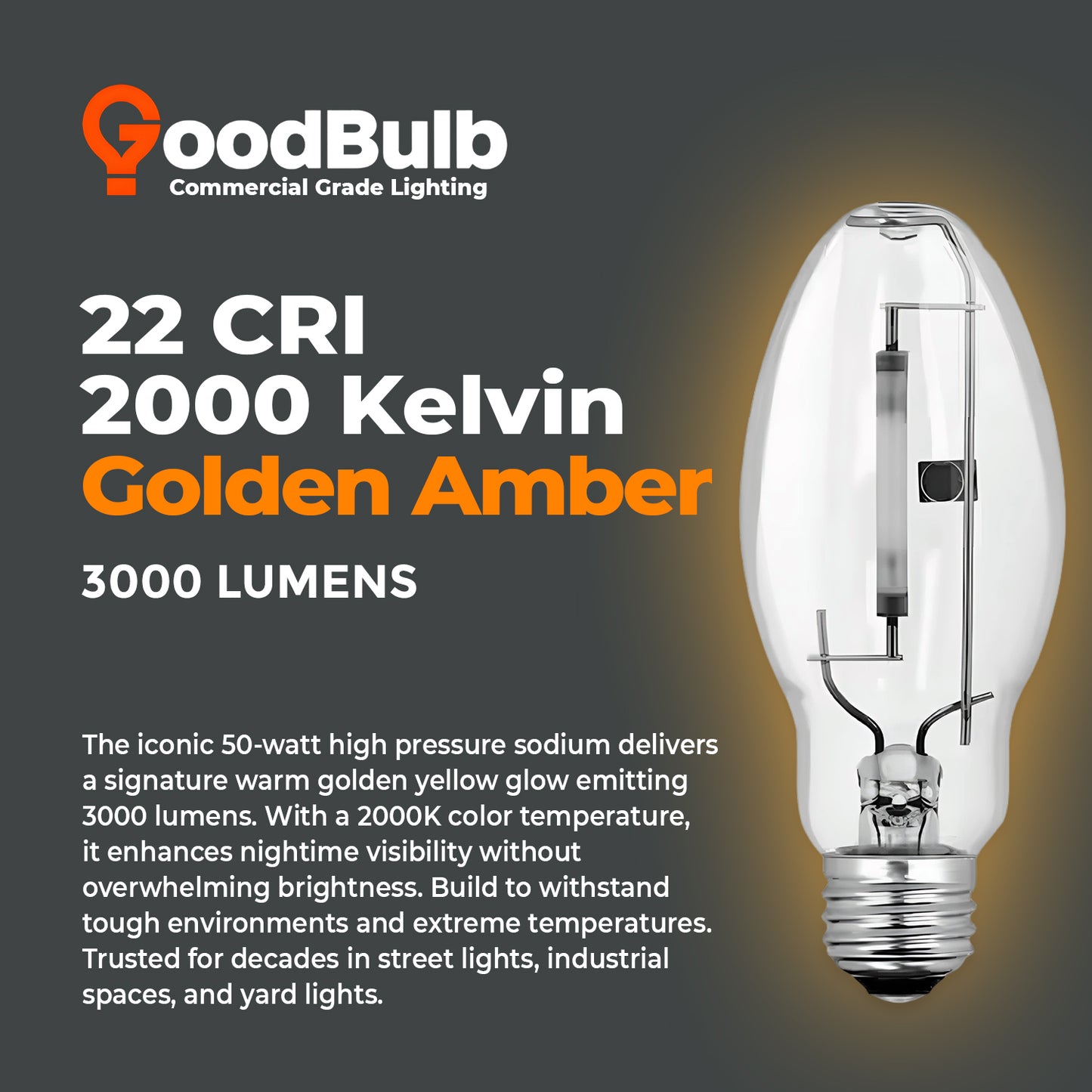 2100K warm golden light output – LU50/ED17/CL/E26 50W high pressure sodium HID bulb