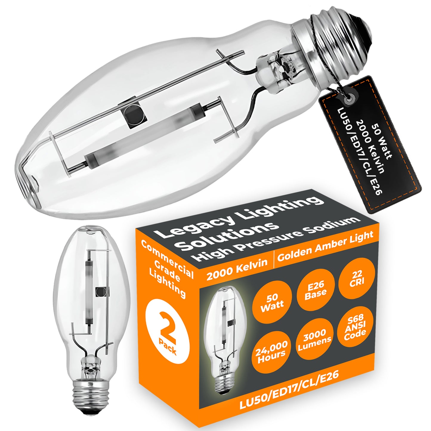 Side profile of LU50/ED17/CL/E26 50W ED17 clear high pressure sodium HID light bulb