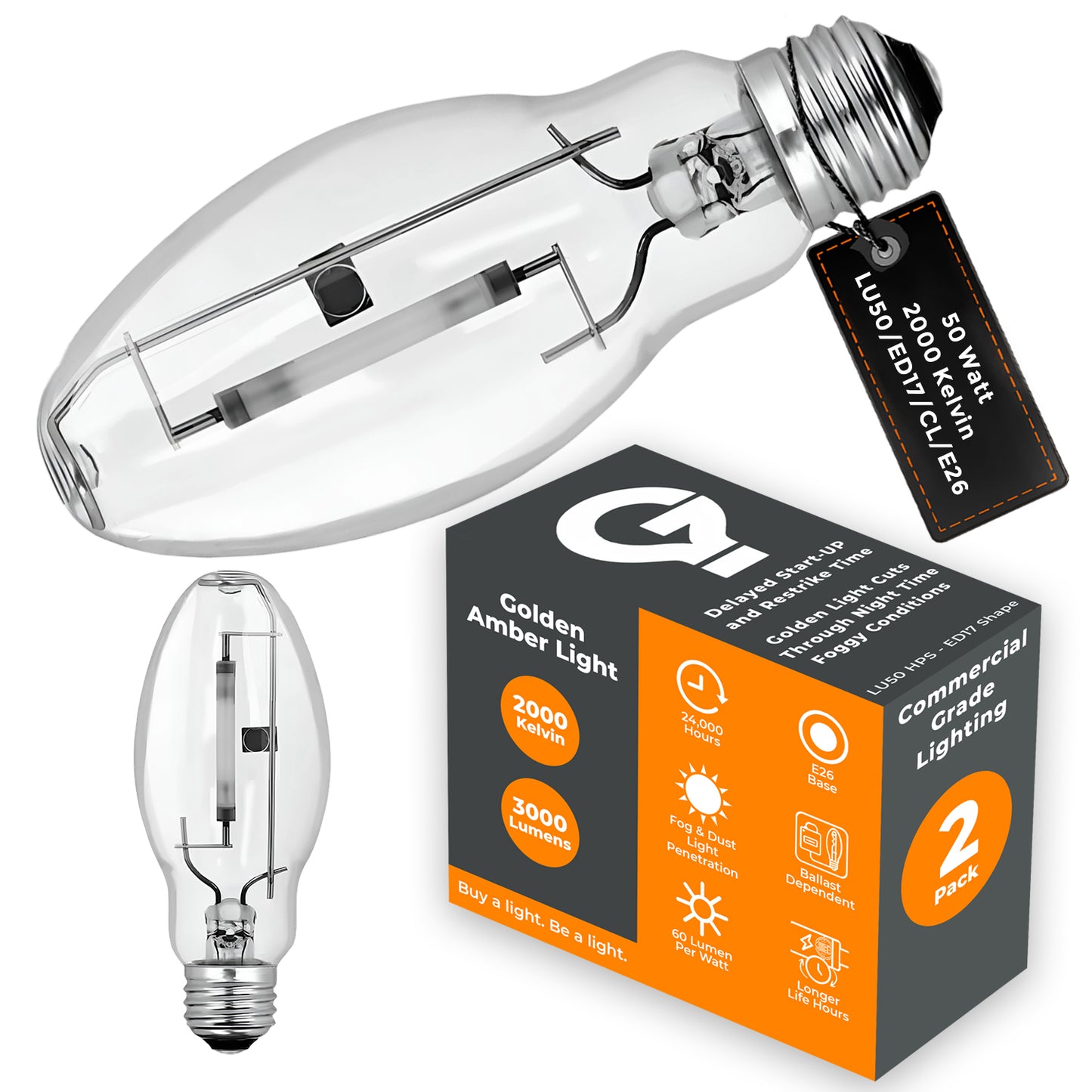 Side profile of LU50/ED17/CL/E26 50W ED17 clear high pressure sodium HID light bulb