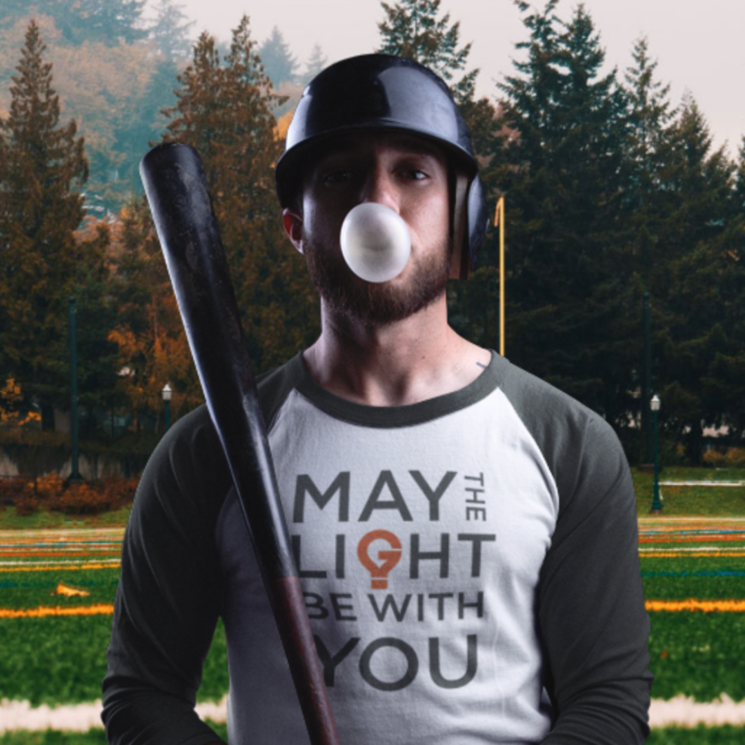 May the light be with you, gray and white long sleeve t shirt product image.