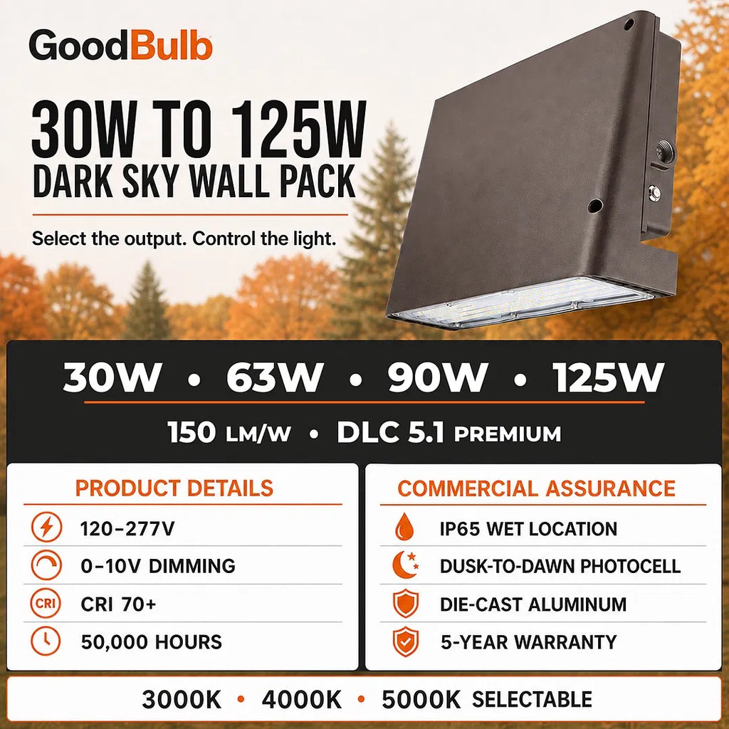 Dark Sky LED Wall Pack, 30/63/90/125W Selectable, 3 CCT