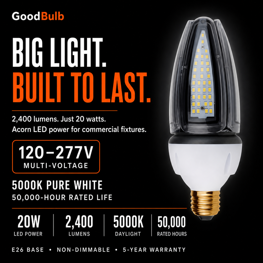 Acorn 20W 100W HID Replacement high output LED bulb, 5000K daylight, E26 / E39 Mogul, 120-277V, HID/halogen replacement