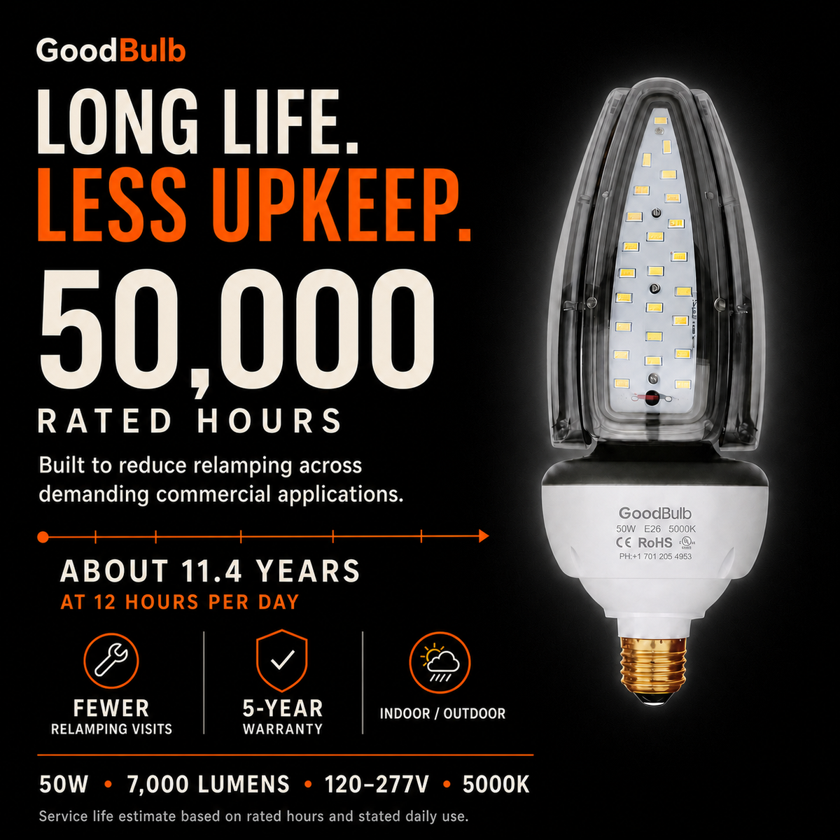 Acorn 50W 300W HID Replacement high output LED bulb, 5000K daylight, E26 / E39 Mogul, 120-277V, HID/halogen replacement