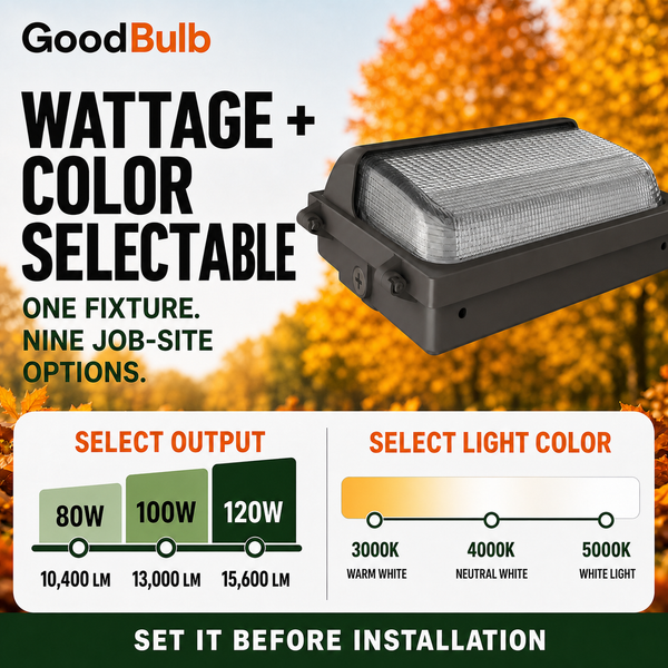 LED Wall Pack, 60/90/100/120W Selectable, 3 CCT, Dimmable
