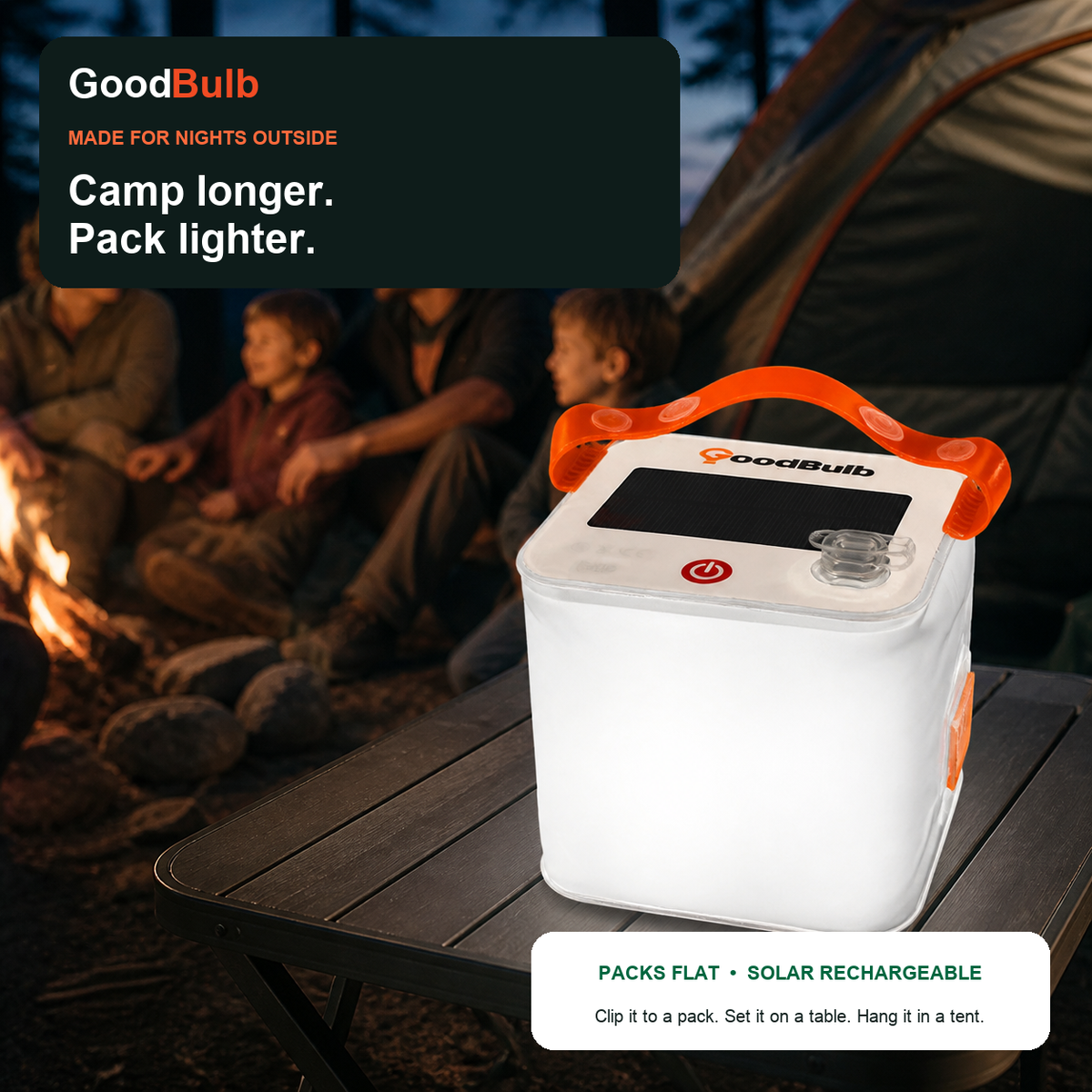 Inflatable solar camping lantern, folds flat, IP66 waterproof, USB phone charging, SOS mode, 90 lumens