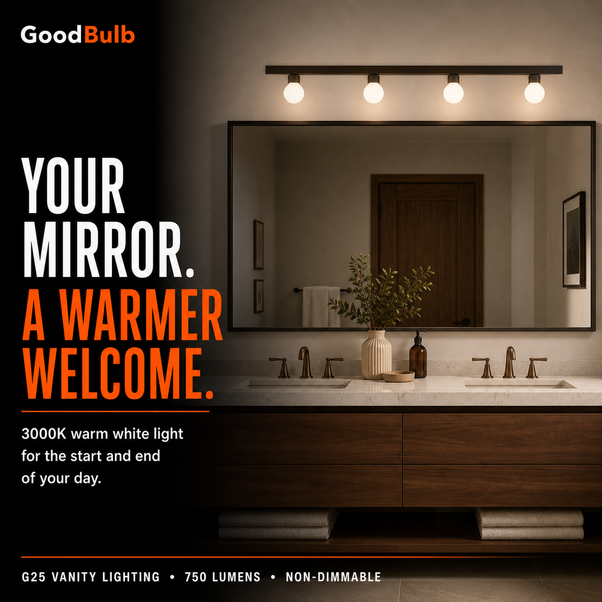 G25 LED vanity globe light bulb, warm white 3000K, 60W equal, E26 base, for bathroom mirror