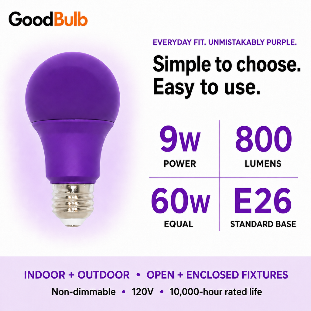 Purple 60W Equal colored LED light bulb, A19, E26, 60W equivalent, epilepsy cause bulb