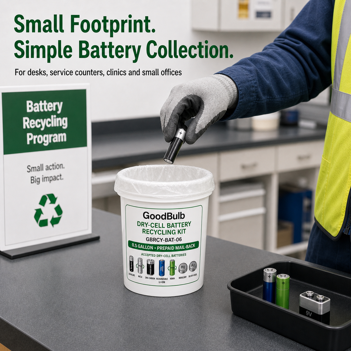 Dry-Cell Battery Kit 0.6-Gallon prepaid mail-back recycling kit, alkaline · nicad · nimh · li-ion, certificate of recycling