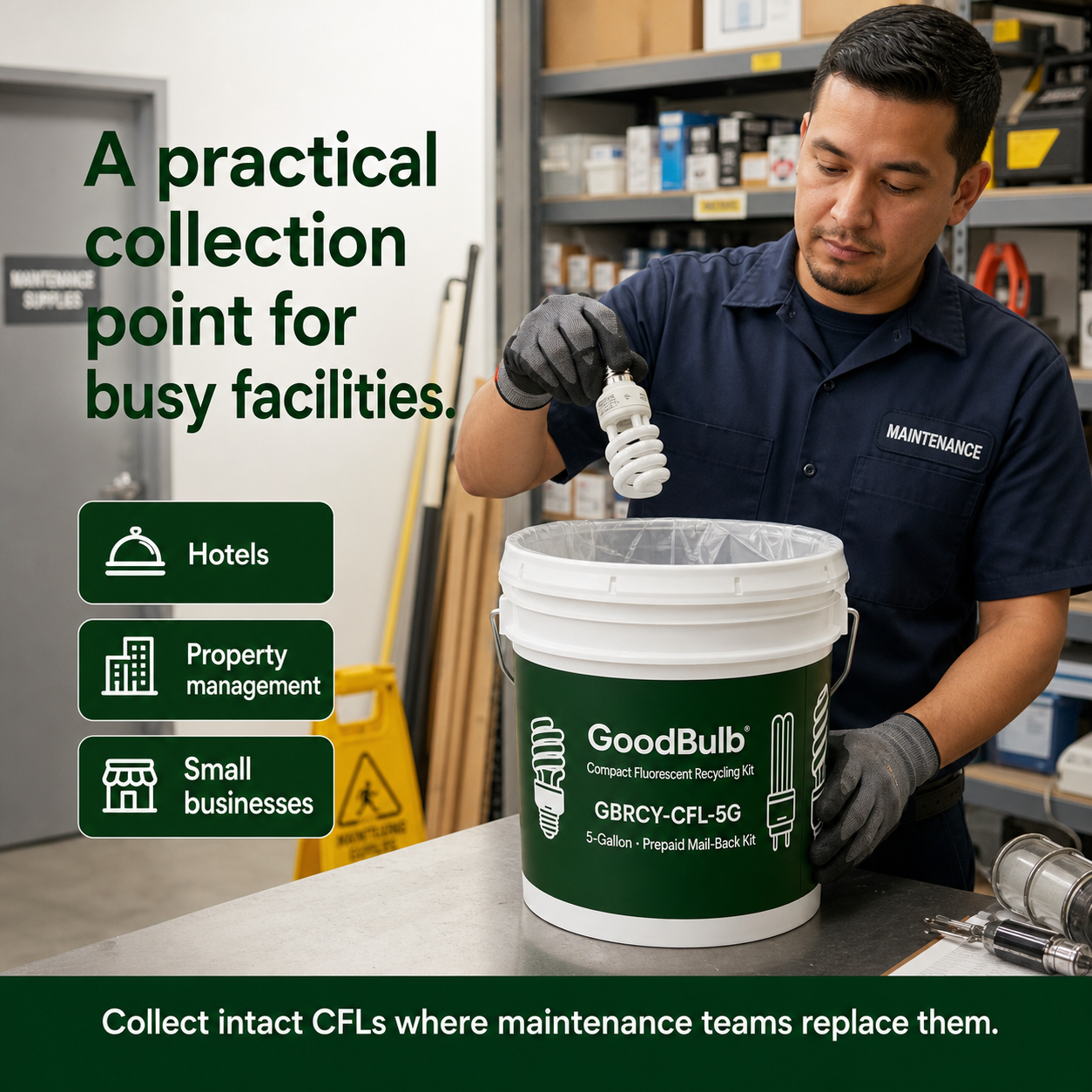 Compact Fluorescent Kit 5-Gallon prepaid mail-back recycling kit, cfl · compact fluorescent · bulk, certificate of recycling
