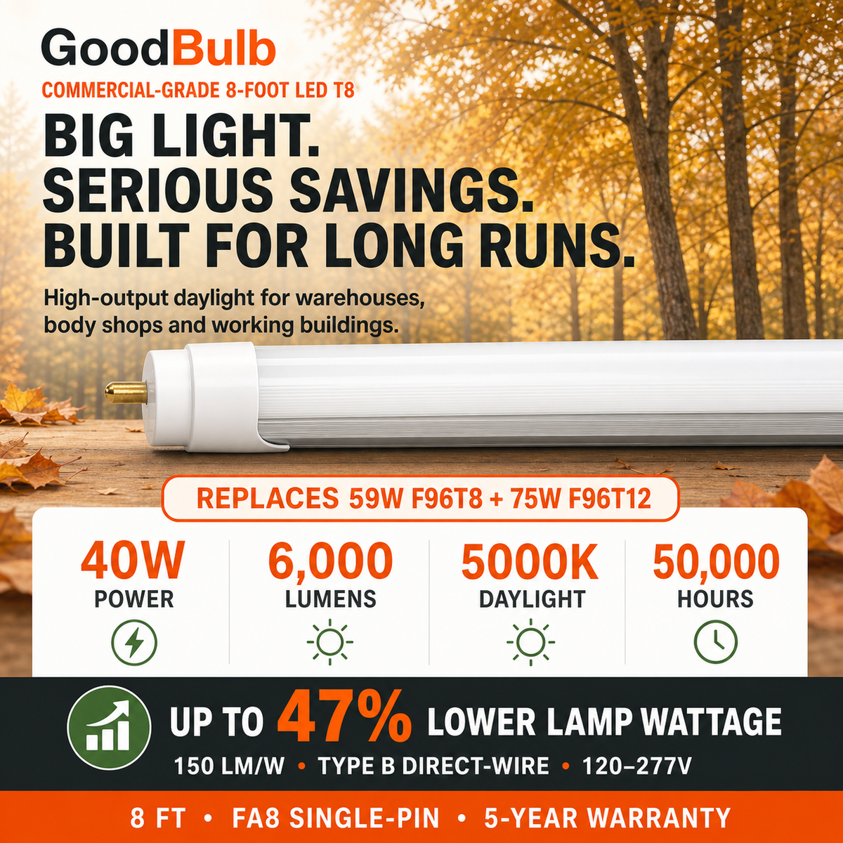 8FT LED T8 Tube 5000K Daylight LED T8 tube, 5000K Daylight, FA8 Single-Pin, plug and play or ballast bypass, fluorescent replacement