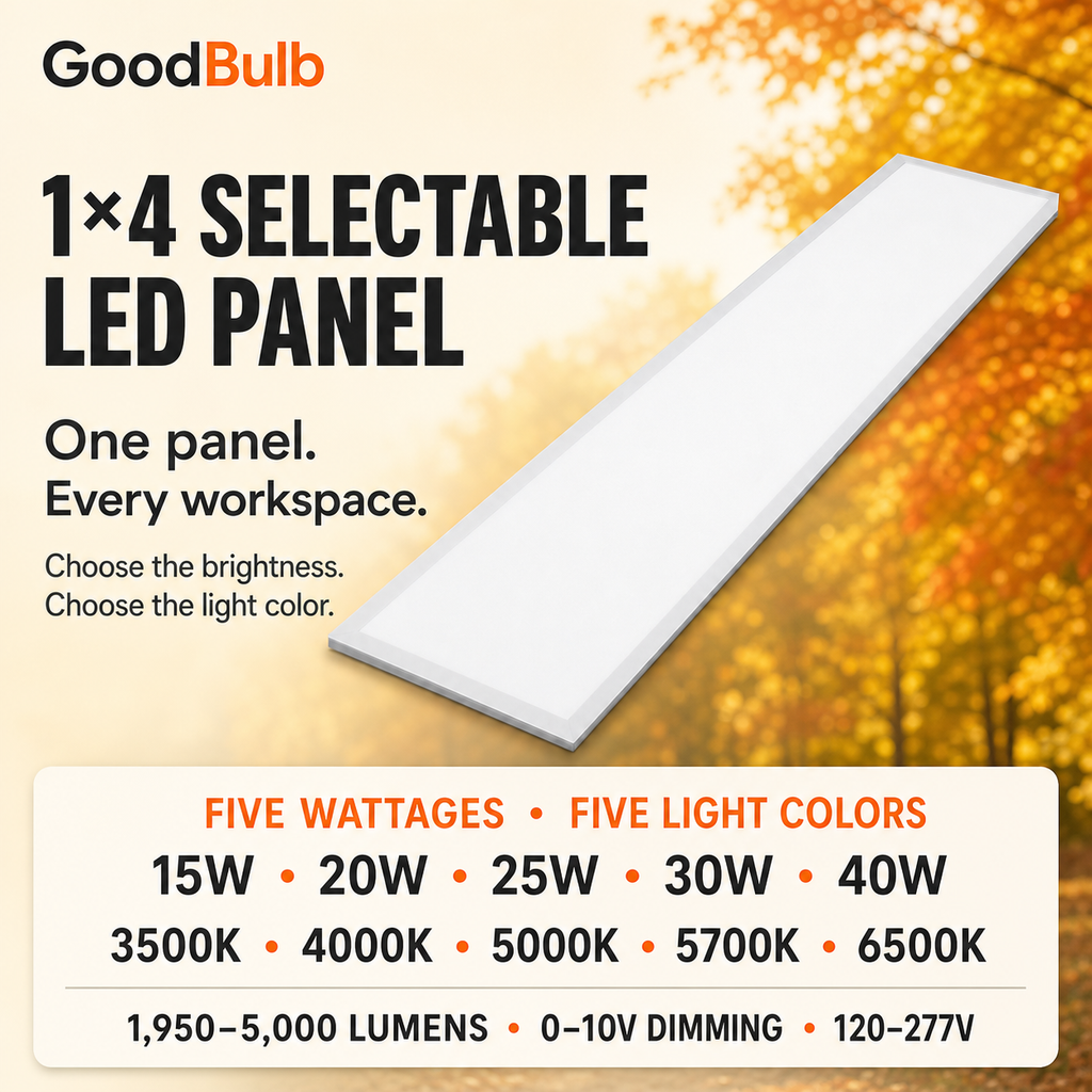 1x4 LED Panel, 5 Wattages, 5 CCT commercial LED fixture, selectable wattage and CCT, 120-277V, DLC 5.1 Premium, utility rebate eligible