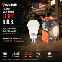 GoodBulb Soft White 2700K A19 LED bulb, made in USA, Fargo North Dakota