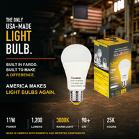 GoodBulb Warm White 3000K A19 LED bulb, made in USA, Fargo North Dakota