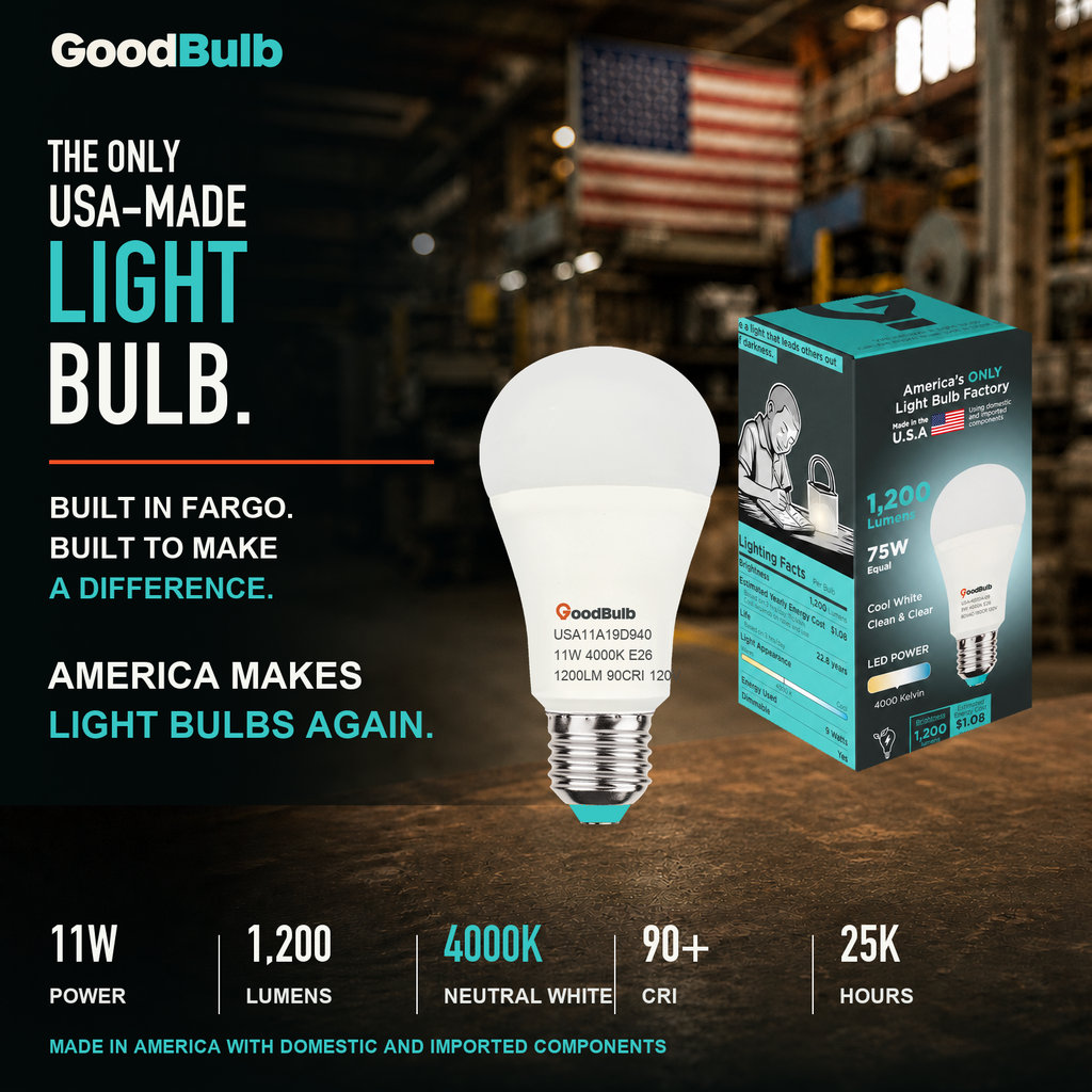 GoodBulb Cool White 4000K A19 LED bulb, made in USA, Fargo North Dakota