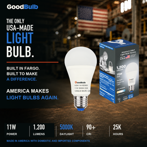 Made in America | 75W Equal | 1200 Lumens | LED A19 DAYLIGHT 5000K Bright, True Daylight