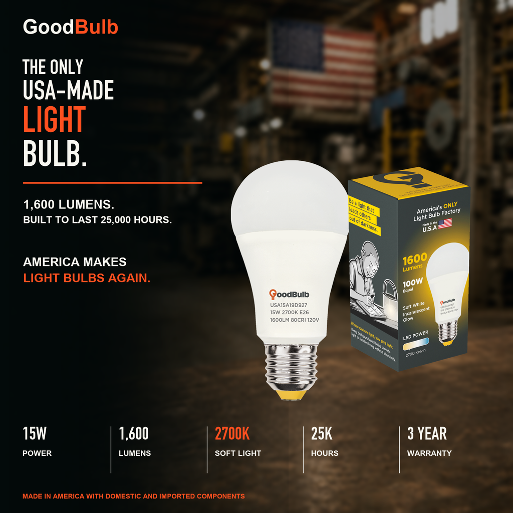 GoodBulb Soft White 2700K A19 LED bulb, made in USA, Fargo North Dakota
