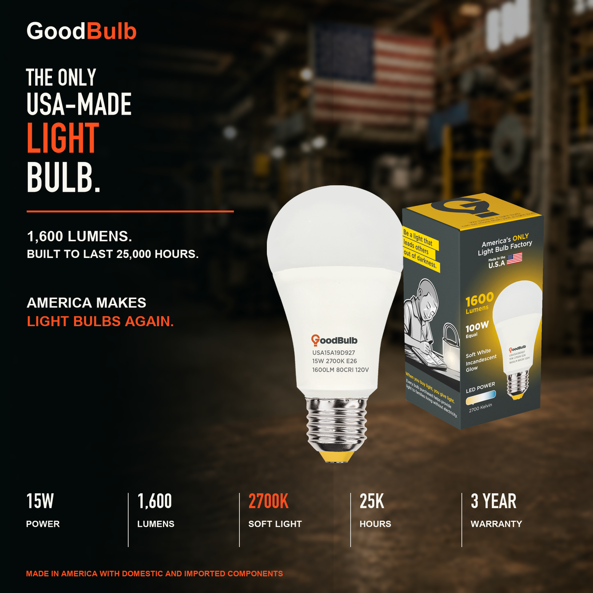 GoodBulb Soft White 2700K A19 LED bulb, made in USA, Fargo North Dakota