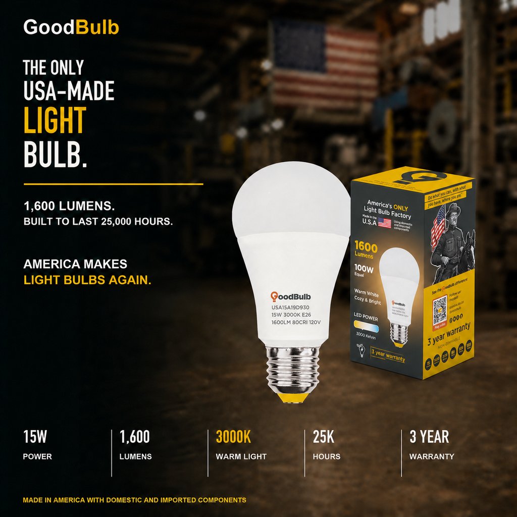 GoodBulb Warm White 3000K A19 LED bulb, made in USA, Fargo North Dakota