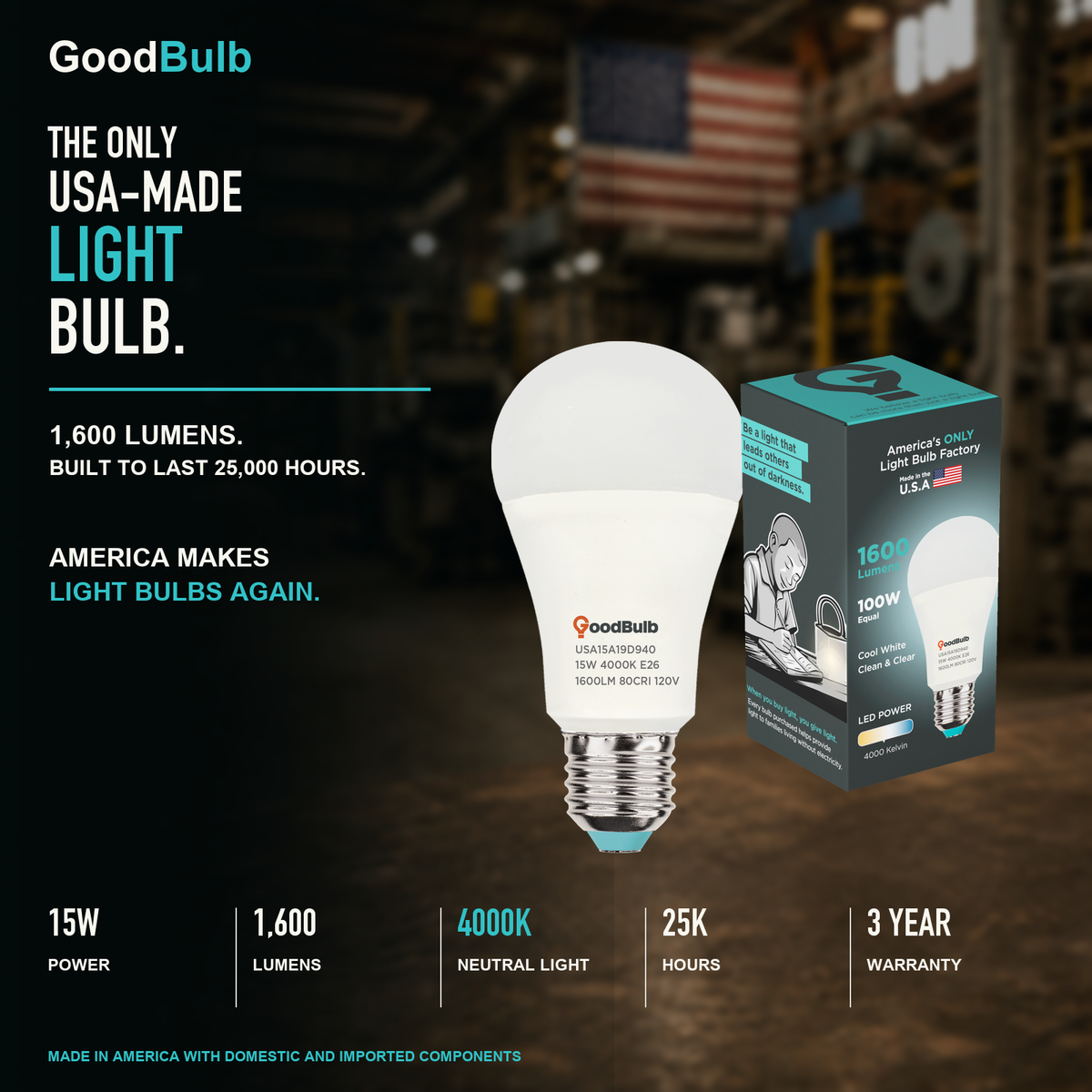 GoodBulb Cool White 4000K A19 LED bulb, made in USA, Fargo North Dakota