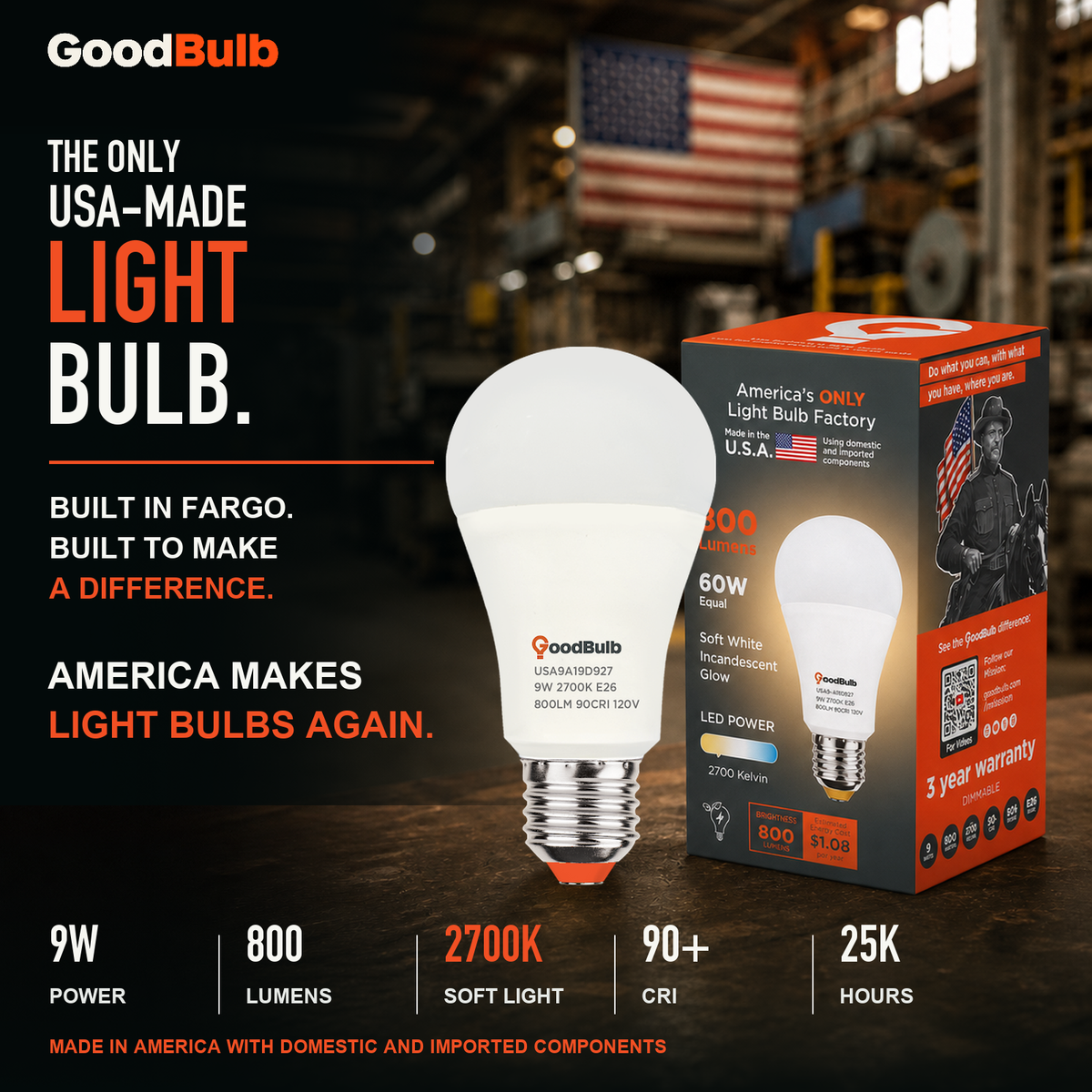 GoodBulb Soft White 2700K A19 LED bulb, made in USA, Fargo North Dakota