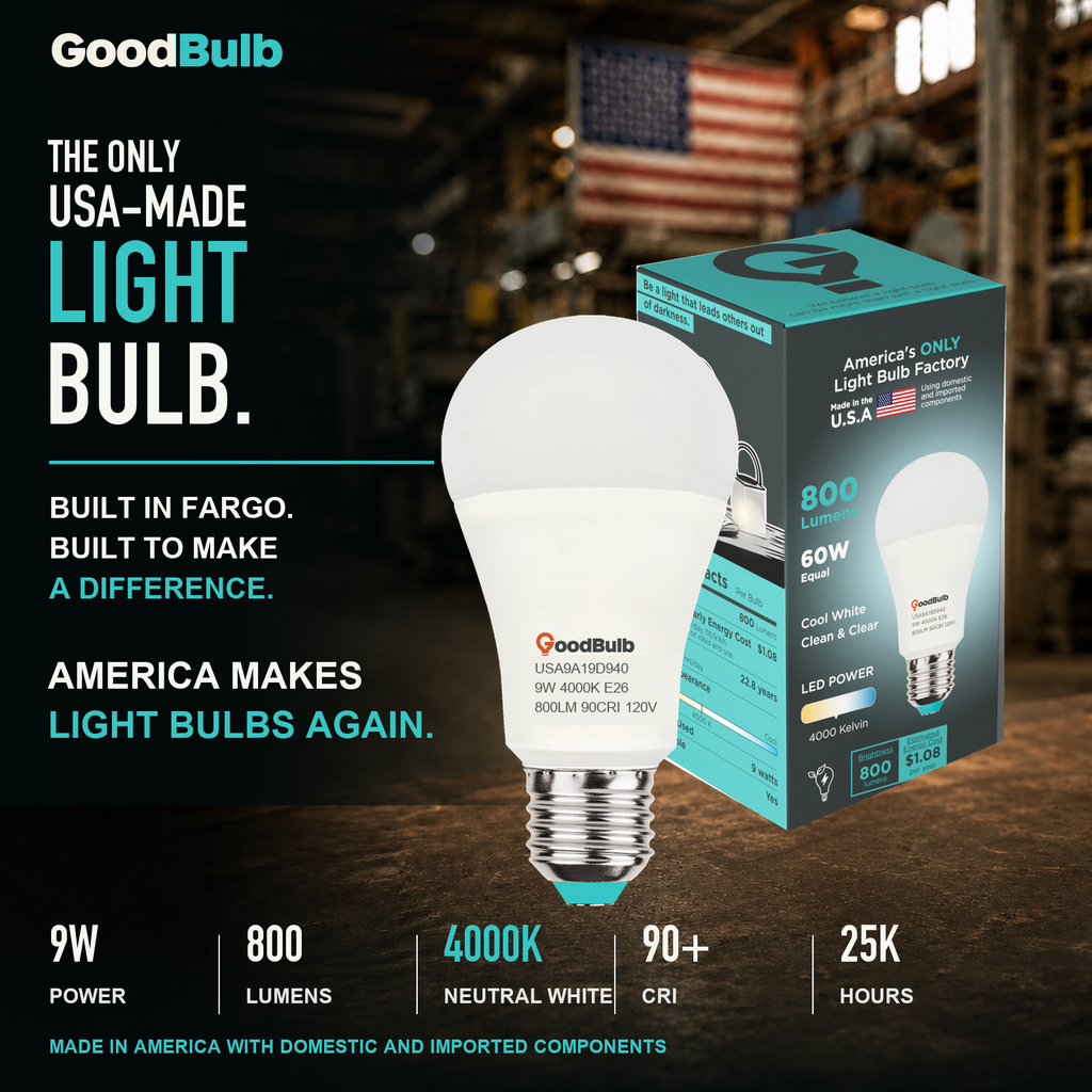 GoodBulb Cool White 4000K A19 LED bulb, made in USA, Fargo North Dakota