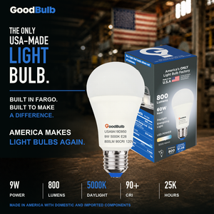 Made in America | 60W Equal | 800 Lumens | LED A19 DAYLIGHT 5000K Bright, True Daylight