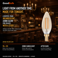 B11 Torpedo E12 Candelabra, Amber LED filament bulb, amber glass, E12 Candelabra, dimmable vintage Edison style, 90 CRI