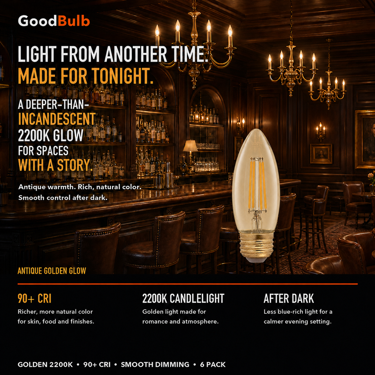 B11 Torpedo E26 Medium, Amber LED filament bulb, amber glass, E26 Medium, dimmable vintage Edison style, 90 CRI
