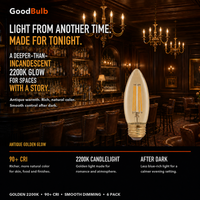 B11 Torpedo E26 Medium, Amber LED filament bulb, amber glass, E26 Medium, dimmable vintage Edison style, 90 CRI