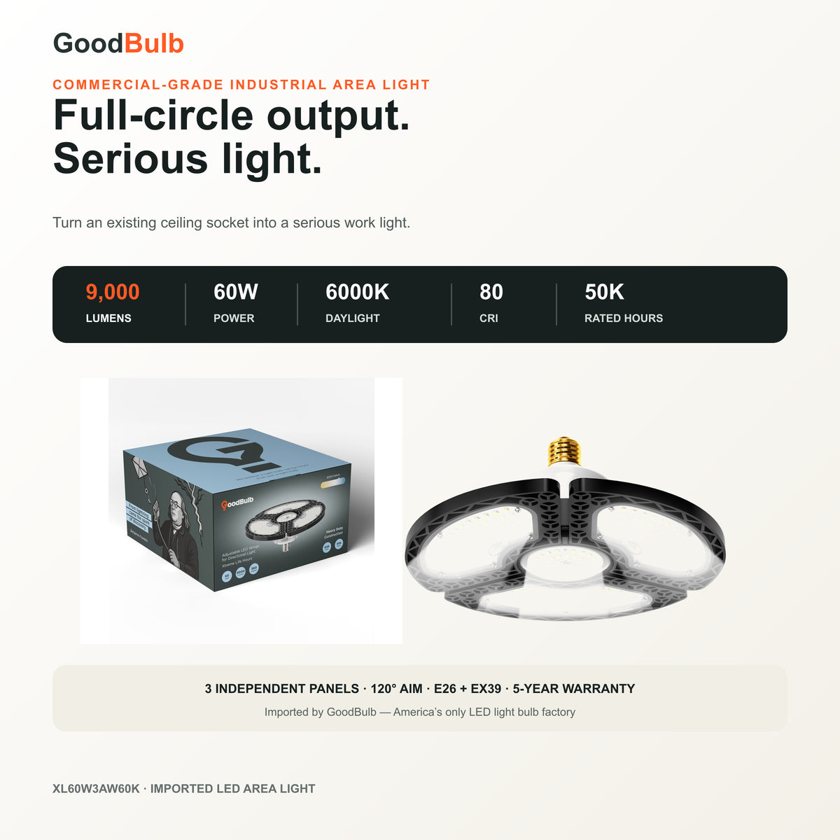 X-Wing 3-Panel Adjustable high output LED bulb, 5000K daylight, E26 / EX39 Mogul, 120-277V, HID/halogen replacement