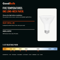 PAR30 Long Neck LED PAR bulb, PAR30, Selectable 2700K–5000K, 90+ CRI, halogen replacement flood/spot