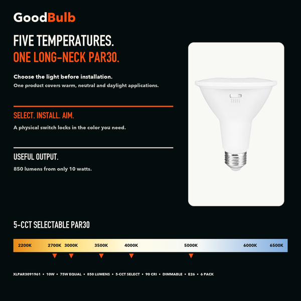PAR30 Long Neck LED Bulb, Selectable Color, 75W Equal