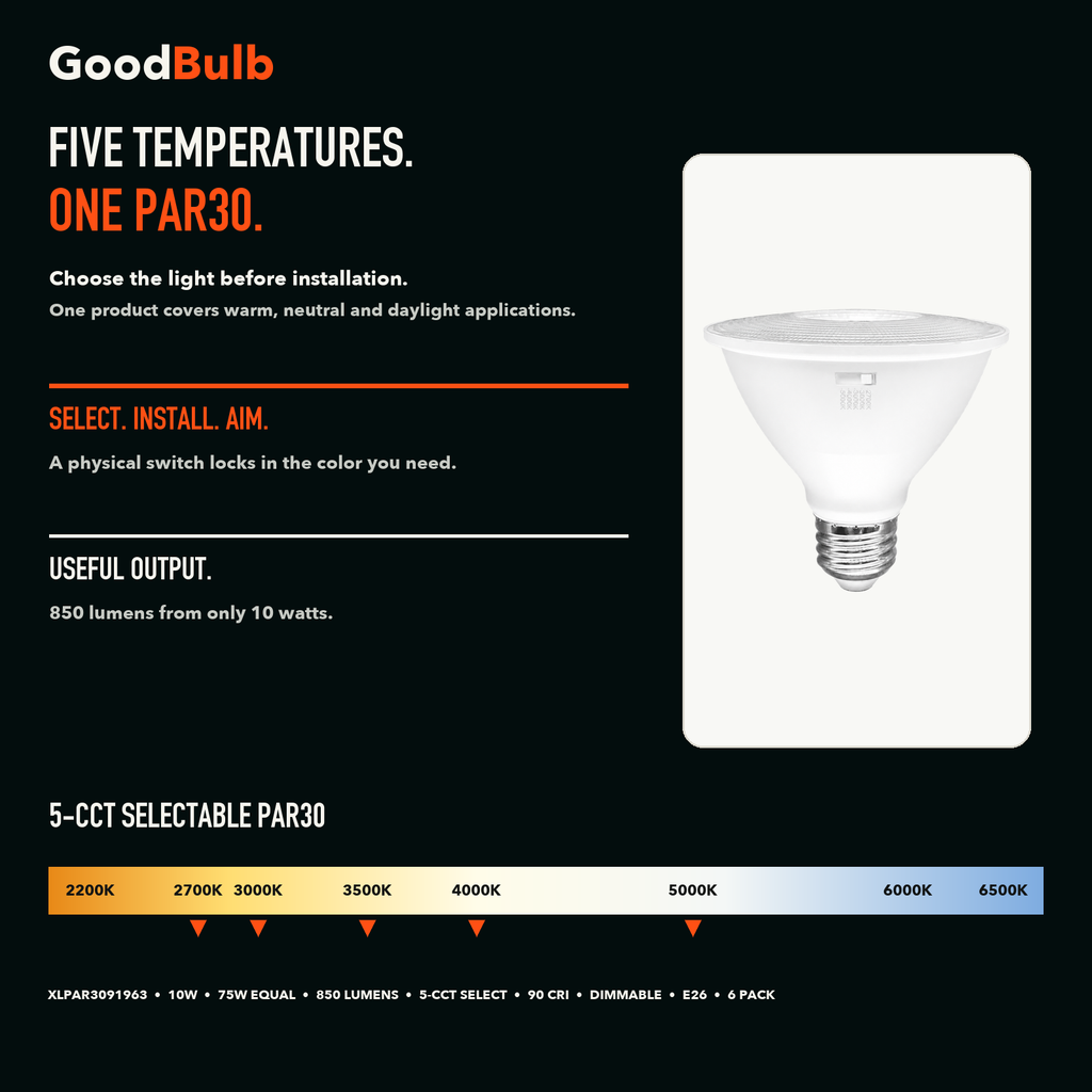 PAR30 Short Neck LED PAR bulb, PAR30, Selectable 2700K–5000K, 90+ CRI, halogen replacement flood/spot