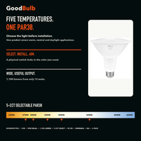 PAR38 Adjustable Color LED PAR bulb, PAR38, Selectable 2700K–5000K, 90+ CRI, halogen replacement flood/spot