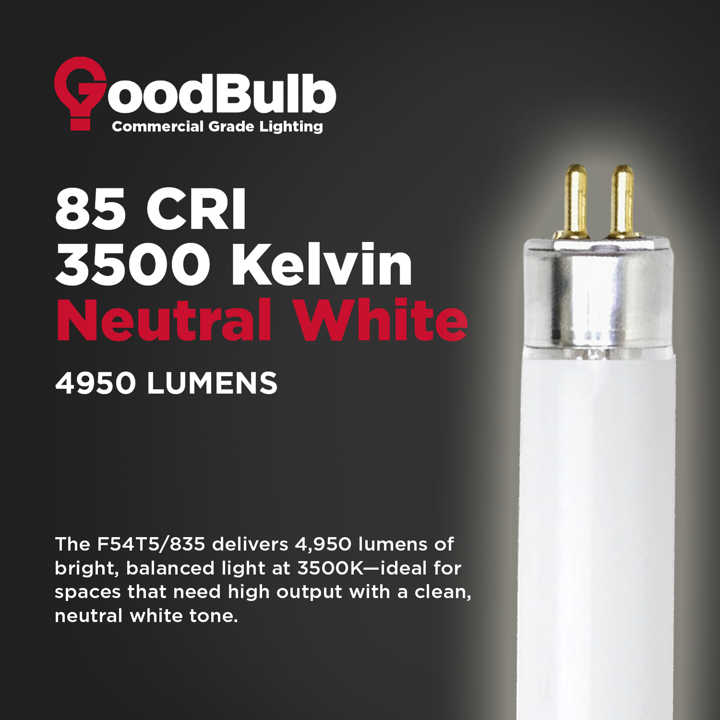 F54T5/835 - 54 Watt 46 Inch T8 Fluorescent Light Bulb - 3500K Neutral White - 4950 Lumens - 36,000 Hours
