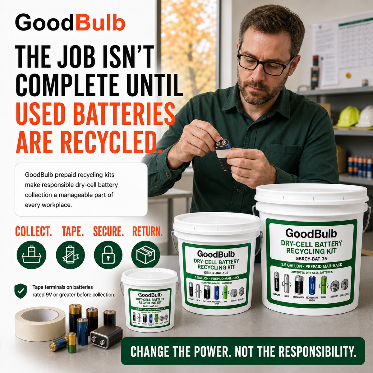 Dry-Cell Battery Kit 3.5-Gallon prepaid mail-back recycling kit, alkaline · nicad · nimh · li-ion, certificate of recycling