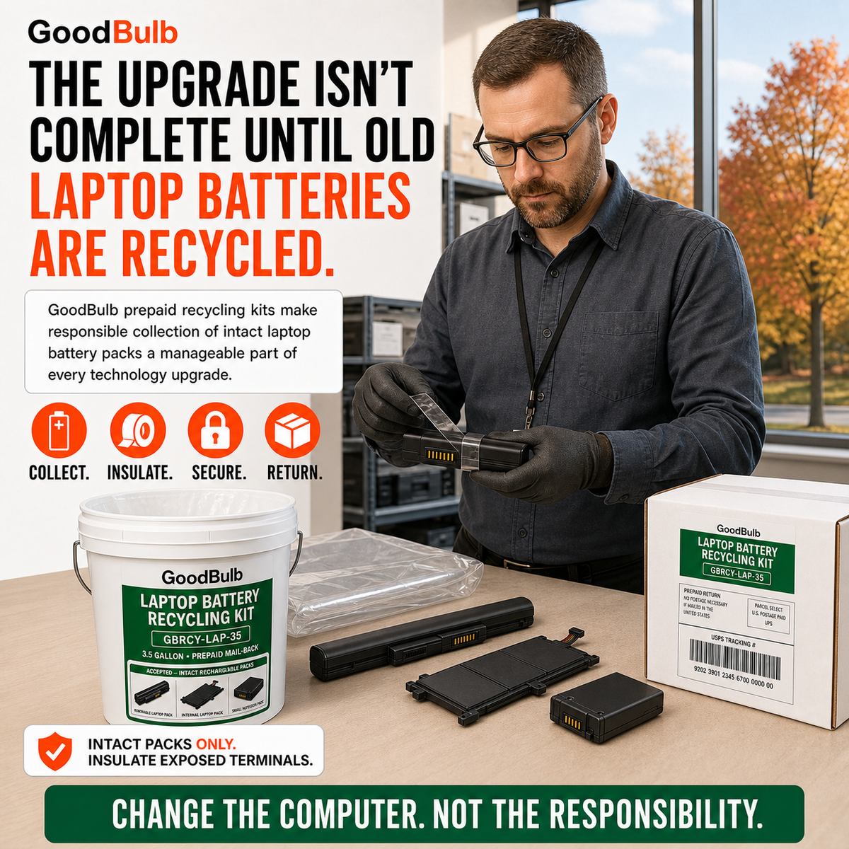 Laptop Battery Kit 3.5-Gallon prepaid mail-back recycling kit, laptop packs · rechargeable, certificate of recycling