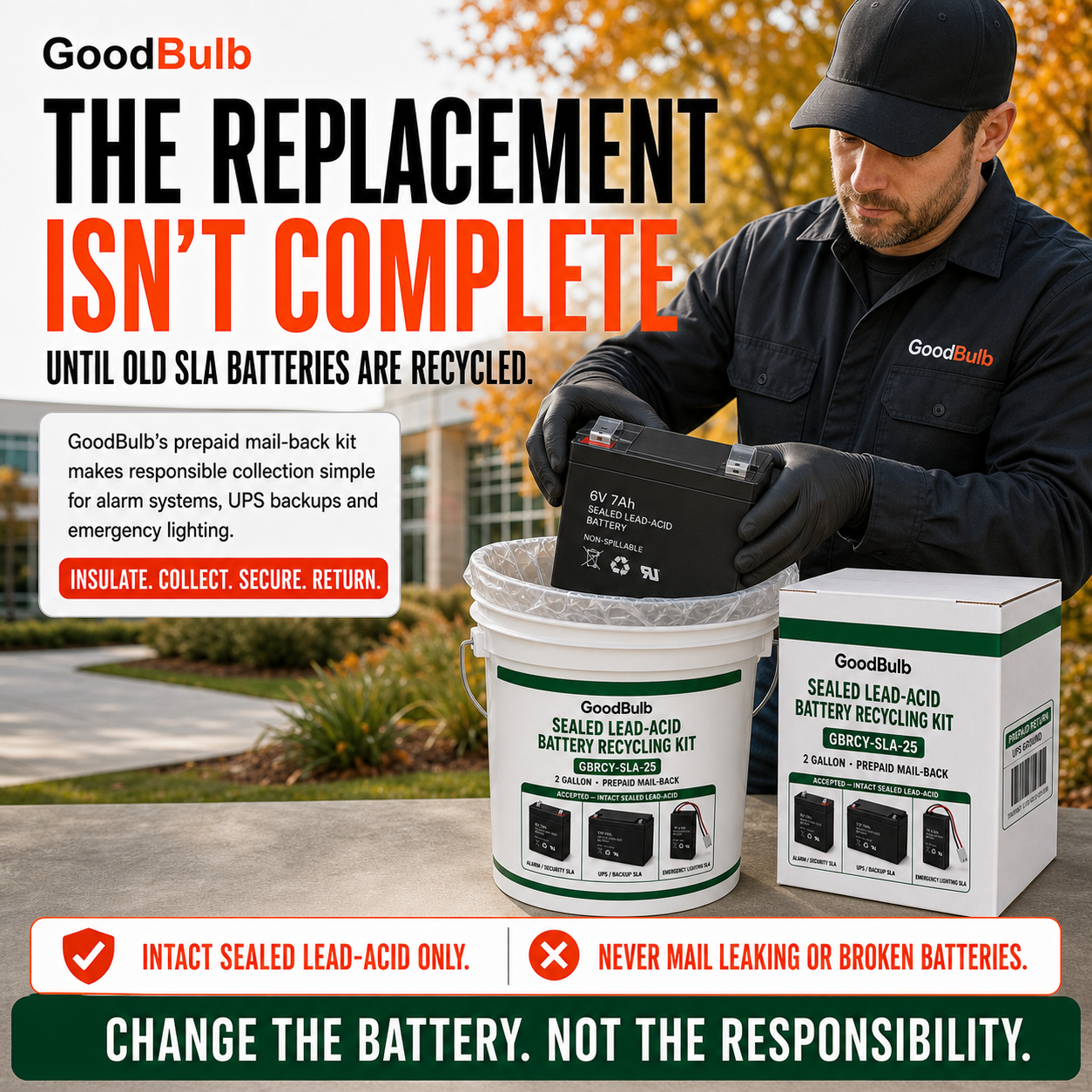 Sealed Lead Acid Kit 2.5-Gallon prepaid mail-back recycling kit, sla · ups · alarm · scooter, certificate of recycling