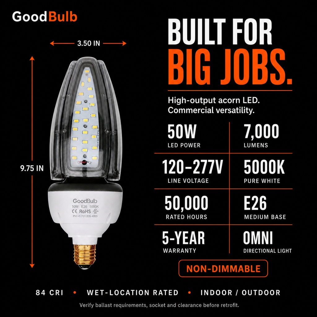 Acorn 50W 300W HID Replacement high output LED bulb, 5000K daylight, E26 / E39 Mogul, 120-277V, HID/halogen replacement