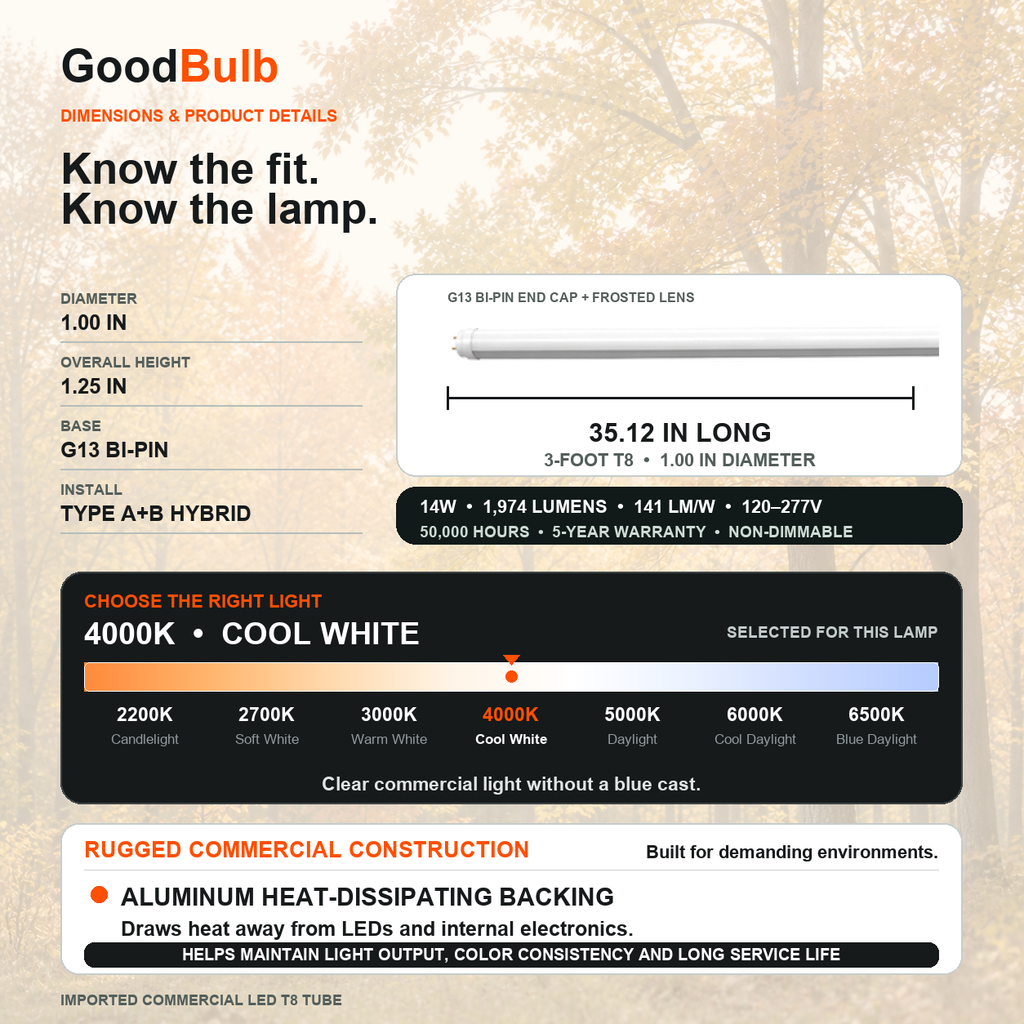 3FT LED T8 Tube LED T8 tube, 4000K Cool White or 5000K Daylight, G13 Bi-Pin, plug and play or ballast bypass, fluorescent replacement