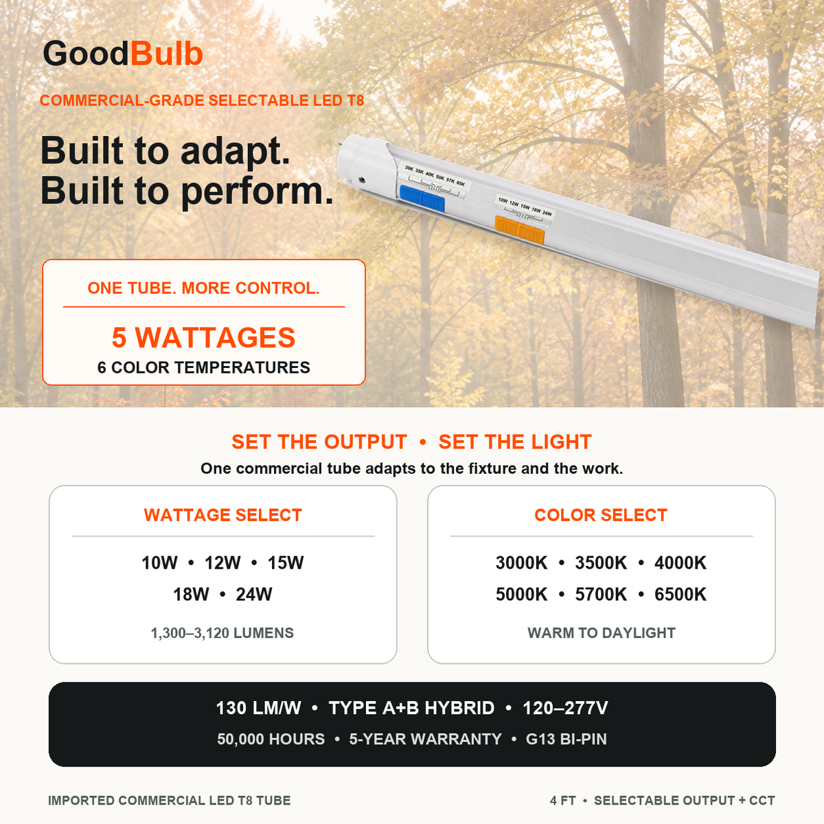 4FT LED T8 Tube 5 Color Select LED T8 tube, Selectable 3500K · 4000K · 5000K · 5700K · 6500K, G13 Bi-Pin, plug and play or ballast bypass, fluorescent replacement