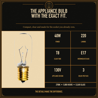 Incandescent Microwave Light Bulb, 40 Watts, T8 Tubular, E17 Brass Intermediate Base, Clear Finish