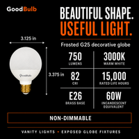 G25 LED vanity globe light bulb, warm white 3000K, 60W equal, E26 base, for bathroom mirror