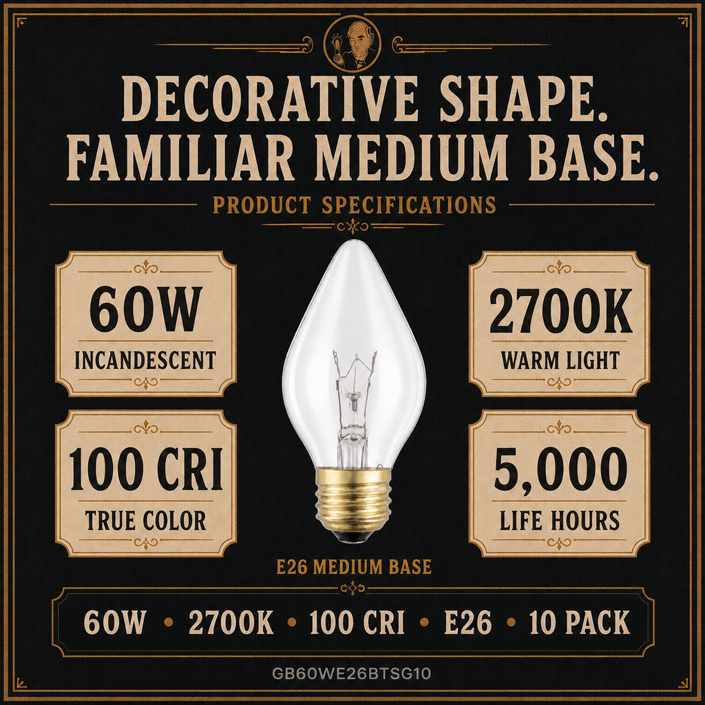 The E26 Chandelier incandescent light bulb, 60W C15 E26, 100 CRI, dimmable