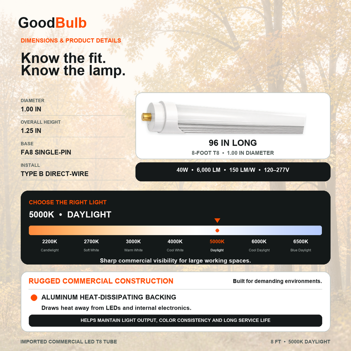 8FT LED T8 Tube 5000K Daylight LED T8 tube, 5000K Daylight, FA8 Single-Pin, plug and play or ballast bypass, fluorescent replacement
