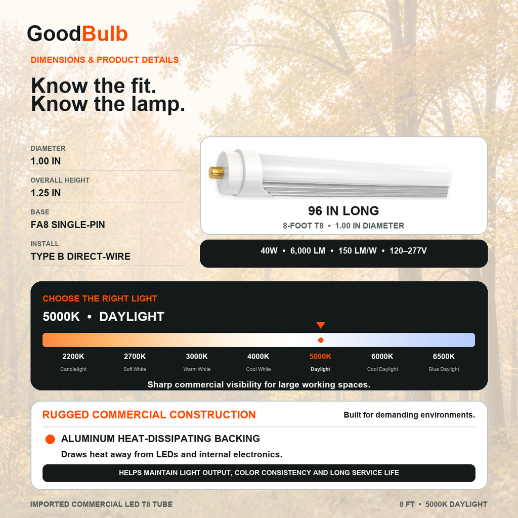 8FT LED T8 Tube 5000K Daylight LED T8 tube, 5000K Daylight, FA8 Single-Pin, plug and play or ballast bypass, fluorescent replacement