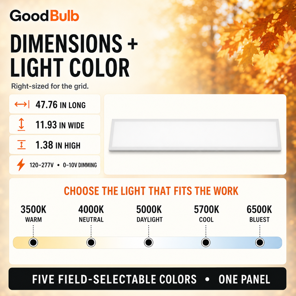 1x4 LED Panel, 5 Wattages, 5 CCT commercial LED fixture, selectable wattage and CCT, 120-277V, DLC 5.1 Premium, utility rebate eligible