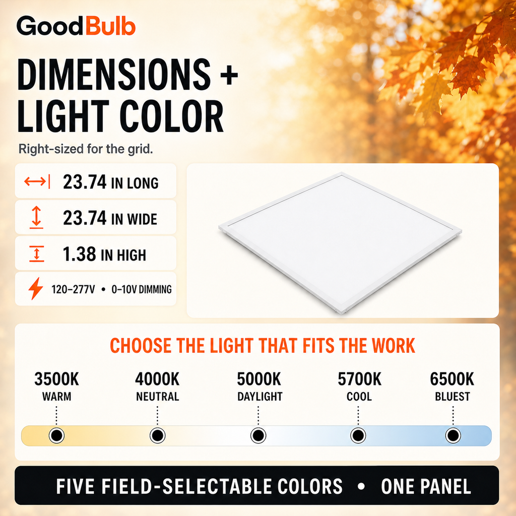 2x2 LED Panel, 5 Wattages, 5 CCT commercial LED fixture, selectable wattage and CCT, 120-277V, DLC 5.1 Premium, utility rebate eligible