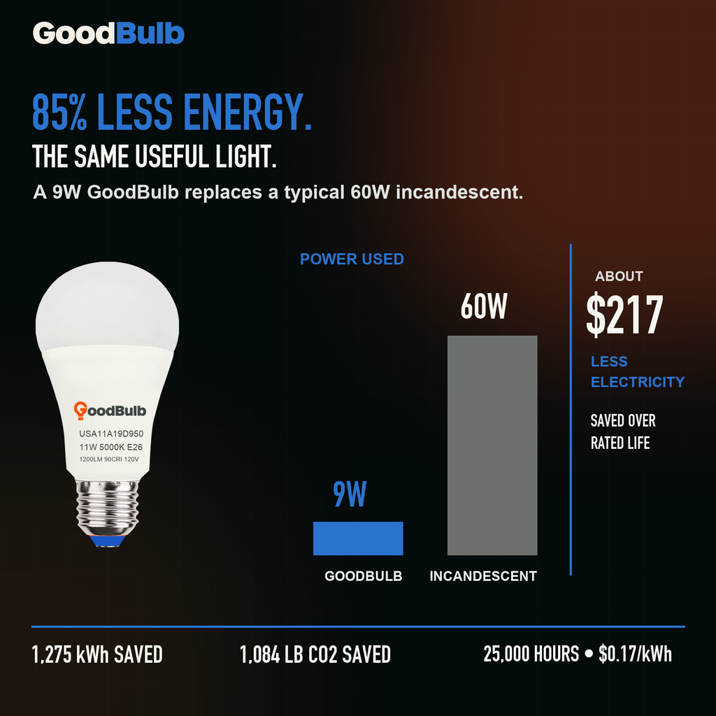 GoodBulb Daylight 5000K A19 LED bulb, made in USA, Fargo North Dakota
